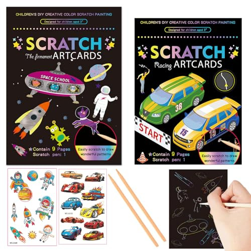 Georgie Porgy Kratzbilder Set DIY Bastelsets für Kinder Magic Rainbow Scratch Paper Kratzpapier Kratzbuch Ostern Weihnachten Geburtstagsgeschenk für Jungen Mädchen (Weltraum Rennauto)