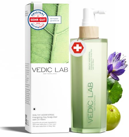 VEDIC LAB Tages-Kopfhaut-Elixier mit UVA, UVB-Filter| Anti-Haarausfall-Serum für Frauen| Haarwachstum & Kopfhautpflege mit Ayurvedischen Kräutern & Schweizer Biotech| 0% Minoxidil (100 ml)