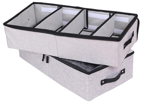 AARAINBOW Stoff Schuhe Unterbettkommode, Faltbare Unterbett Schuhe Kleidung Aufbewahrungsbox mit Verstellbaren Zellen, 2 Stück, 24L, 58 cm, Bettdecken Aufbewahrungsbox mit Deckel (2 Hellgrau)