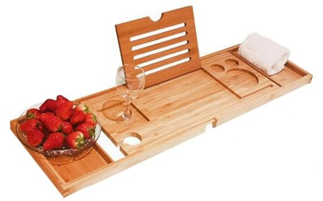 Vllentin Badewannenablage aus Bambus,Badewannenbrett,Badewannen ablage,ausziehbar 74.5–95 cm,für Weingläser Tablet-Telefone Aromatherapie Kämme Kerze Badeprodukte
