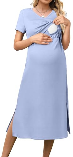 OUGES Womens 2026 Summer Short Sleeve Maternity Nursing Dress V Neck Breastfeeding Split Long Dress Pregnancy Clothes(Sky Blue,L)