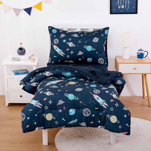 Wake In Cloud - Toddler Bedding Set for Boys, Space Rocket Planet Star, 4 Pieces Soft Crib Bed Set Including Comforter, Sheets and Pillowcase, Navy Blue