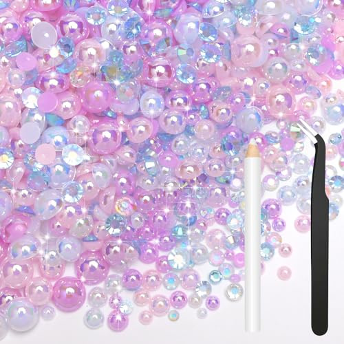 Bouiexye Mezcla de perlas de 80 g, diamantes de imitación rosa y morado para ropa, perlas semicirculares, diamantes de imitación para manualidades, rostro, uñas, botellas, vasos, zapatos, regalo