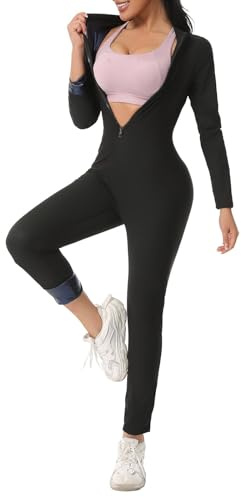 Hotfiary Sauna Suit for Women, Sweat Vest Waist Trainer, 4 In 1 Full Body Jumpsuit, Slimming Body Shaper Sauna Workout Romper, Long/Short Sleeve Gym Training Sweat Suit for Weight Loss, S-3XL