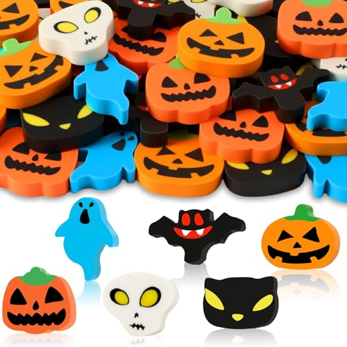 JUNEBRUSHS Halloween Radiergummis, 30 Stück Halloween Kleine Radiergummis Halloween Bleistift Radiergummis Fledermaus Kürbis Lustig für Kinder Schule Büro Geschenke