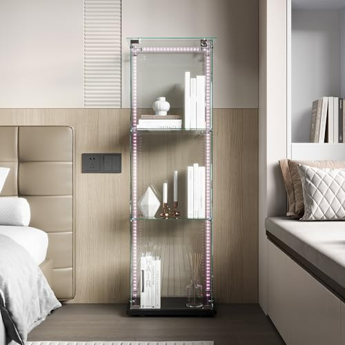 Vitrinskåp, stående glasvitrinskåp, stående med LED, 3 lager glas trä vitrinskåp 1 dörr och lås vitrinskåp, glasskåp, displayskåp, samlarvitrinskåp (svart, 3 våningar, 1 dörr + LED-2)