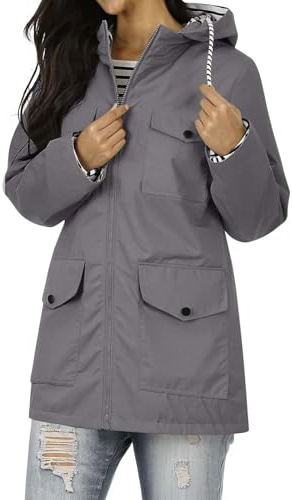 Waterproof Jacket 3-In-1 Lightweight Windbreaker Breathable Raincoat Ladies Hoody Softshell Rain Coats Drawstring Zip Up Trench Coat with Pockets for Outdoor Hiking