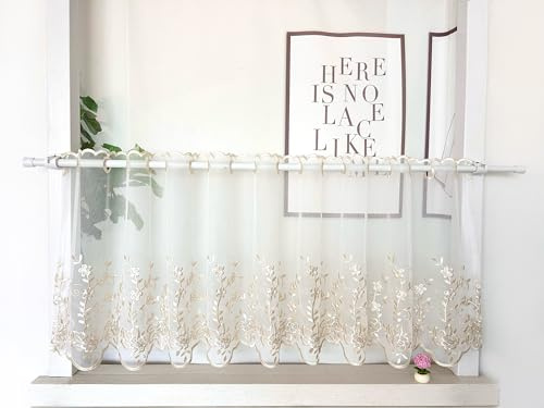 Daliena Scheibengardine Blumenmuster Kurzstore Transparent BxH100x60cm Sand | Romantisch Kurzgardine Bistrogardine Landhaus, Kleines Fenstervorhang, Gardine für Küchenfenster 1 Stück