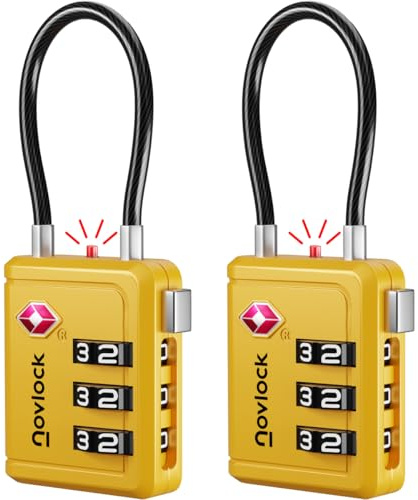 TSA Bagagelås med Alertindikator – Kombinationslås med Flexibelt Kabellås – För Resväskor, Kabinväska, Ryggsäckar, Bagage och Skåp – 2-pack gul