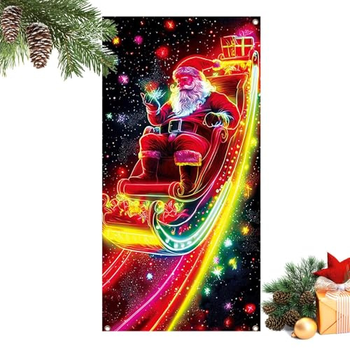 Banner per porta Babbo Natale, 90 x 180 cm, decorazione stagionale UV fluorescente, tela per porta del garage di feste - per garage portico ingresso parete esterna scuola proprietari