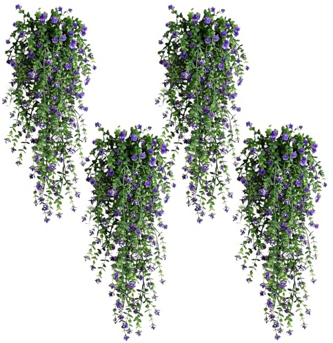XIAOGUA 4 Piezas Plantas Artificiales Decorativas Planta Colgante Artificial Home Decoration Artificiales Colgantes con Maceta Hiedra Artificial 78cm Largo para Cocina, Sala de Estar(Morado)