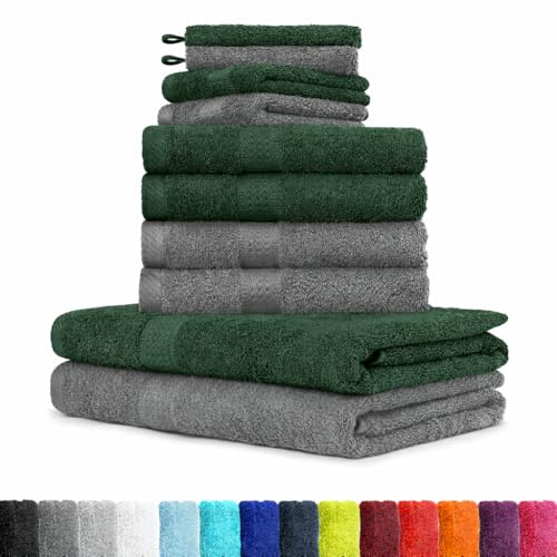 BaSaTex Frottee Handtuch Komplett Set, Anthrazit/Grün | Öko-Tex Made in Green Zertifiziert, Se aus 4X Handtuch, 2X Duschtuch, 2X Gästetuch, 2x Waschhandschuh