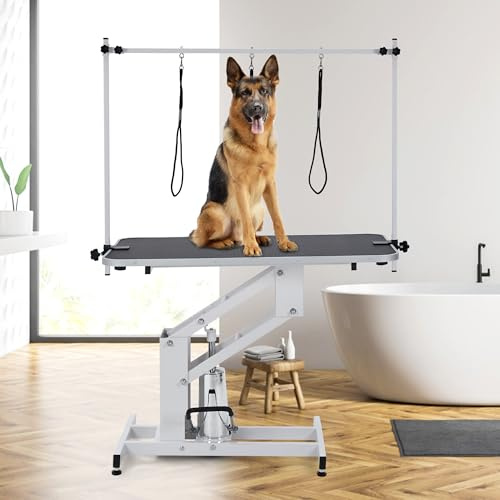 43.6 Dog Grooming Table for Large Dogs, Heavy Duty 350LB Capacity, Height Adjustable 22-39 with Hydraulic Pump, Non-Slip Waterproof Top, Adjustable Grooming Arm with Clamps for Pet Salon & Home Use