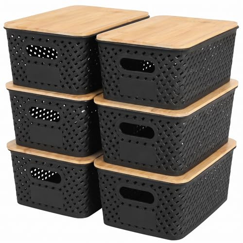Nymblis 6Pcs Storage baskets with Lids, Stackable Storage Boxes, Black | Plastic Lidded Storage Bins, with Bamboo Lid, with Label stickers, for Bathroom Kitchen Cabinets Organization