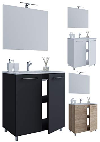 VCM 3-TLG. Waschplatz Waschtisch Badmöbel Set Waschbecken Badinos Drehtür Spiegel 80, Weiß