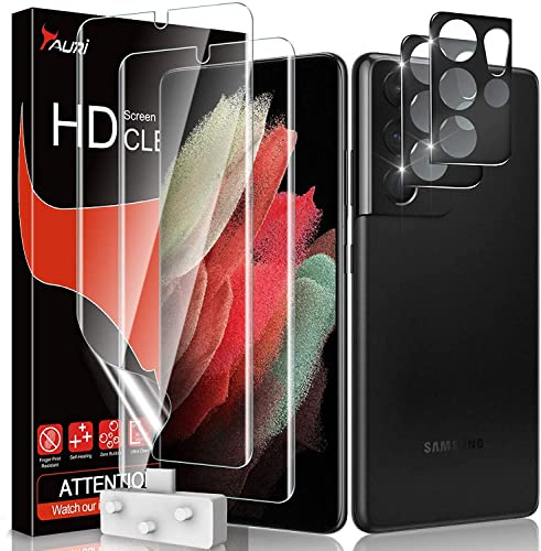 TAURI Displayschutzfolie für Samsung Galaxy S21 Ultra, 2 Stück TPU Folie + 2 Stück Kameraschutz, Kratzfest für Samsung S21 Ultra Foile, Fingerabdruck-ID unterstützen Blasenfreie Klar HD Folie