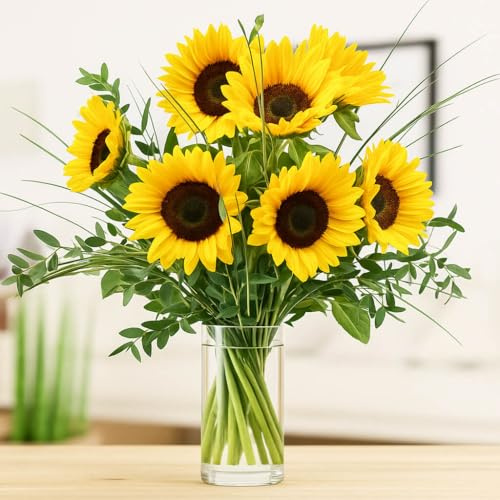 Blumenstrauß mit 7 Sonnenblumen, Gräsern und frischem Grün - Inklusive gratis Grußkarte
