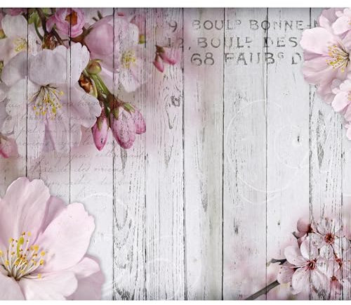 decomonkey - Papier Peint Panoramique Fleurs 350x256 cm - Décoration murale – Tapisserie décorative pour chambre salon - Bois fleurs inscriptions nature en français plantes texture vintage