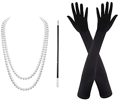 VIKSAUN 3 delar 1920-tidsklänning, pärlhalsband, svart hållare, långa handskar, Charleston maskeradklänning, Great Gatsby tillbehör