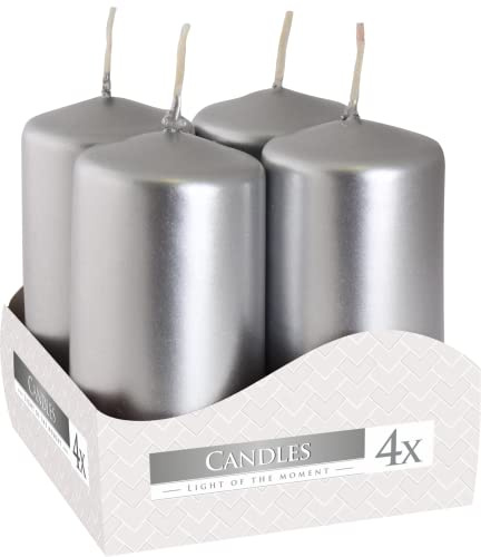 Nipter Votivkerzen Stumpenkerzen Adventkerzen Silber Metallic, Durchmesser ca. 3,5 cm, Höhe 8 cm, geruchsneutral, Brenndauer 9h, Set 4 Stück (1 Box)