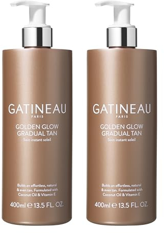 GATINEAU Golden Glow Gradual Tan - 400ml x2, Self Tan Lotion + 2 in 1 Body Moisturiser, Quick Dry Easy Application, Coconut Oil & Vitamin E, Buildable Natural Tan, Dermatologist Tested & Cruelty Free