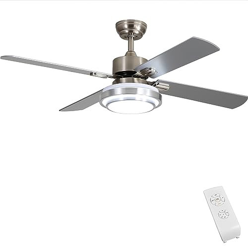 FINXIN Ceiling Fan with Lamp, Ceiling Fan with Light Brushed Nickel Ceiling Fans for Bedroom,Living Room,Dining Room Including Motor,Blades,Remote Switch (52 4-Blades)