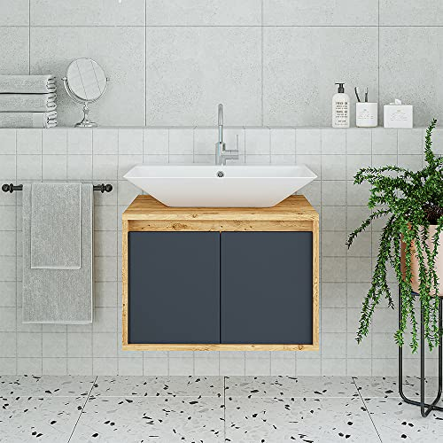 ROOMART • Badmöbel • Atlantic • Keramik Waschbecken mit Unterschrank 65 cm, 85 cm, 100 cm, • Weiß - Eiche • Anthrazit-Eiche • Weiß (Anthrazit-Eiche, 65 cm)