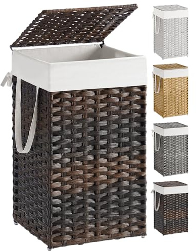 SONGMICS Wäschekorb mit Deckel, 65 l, synthetisches Rattan, Wäschekorb mit Deckel und Griffen, faltbar, herausnehmbares Innenfutter, Kastanienbraun ULCB165K01