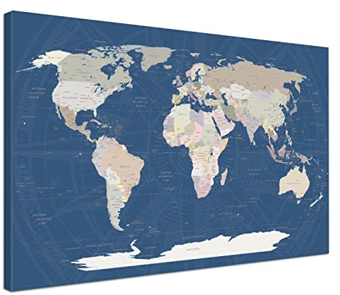 Weltkarte-Pinnwand als Leinwandbild zum pinnen der Reisen - World Map Titan - spanisch - Landkarten-Wandbild Globus in blau, 60 x 40 cm