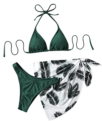 GORGLITTER Bikini Mit Rock Damen Set 3 Teilig Triangel Bikini Set Neckholder Badeanzug Bikini Mit Palme Grün S