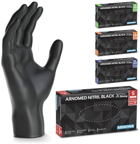 ARNOMED Gants jetables noir extra fort, gants nitrile taille S, 50% plus épais, 1000 pièces, gants jetables non poudrés, gants en nitrile mecanique sans latex, gant jetable en tailles S, M, L & XL