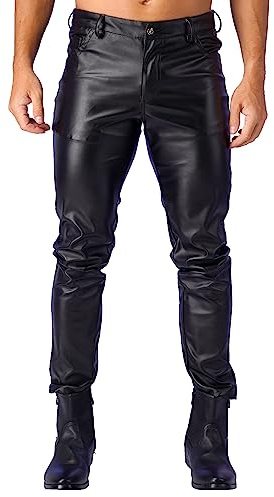 Mufeng Hommes Mode Pantalon Cuir Casual Pantalon Cuir Homme Noir Moto Slim Lit Extensible Pants à Travail Quotidien Noir M