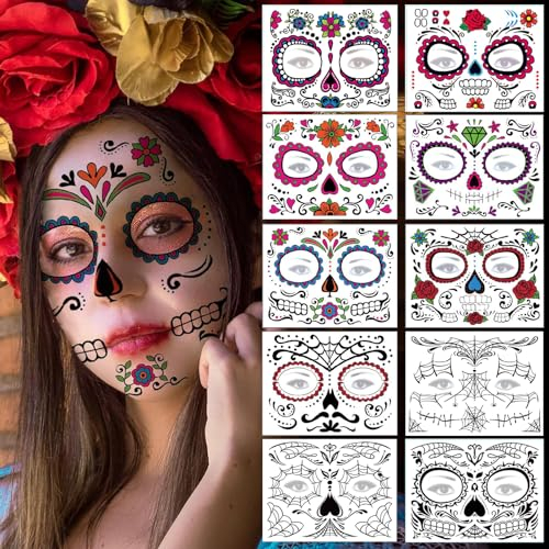 10 Blatt Halloween Tattoo Gesicht, temporäre Tattoo Totenkopf, Sicherheit Gesicht tattoo, Skelett Spinnennetz Rote Rosen temporäre Tattoo Aufkleber, für Halloween, Maskerade,Cosplay Party