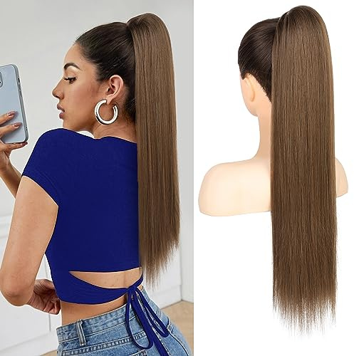 Flufymooz Ponytail Extension Pferdeschwanzverlängerung, 66 cm langer gerader Pferdeschwanz mit Kordelzug, Lockiger Pferdeschwanz Synthetisches Haarteil für Damen(Mittelbraun mit mittlerem Auburn)