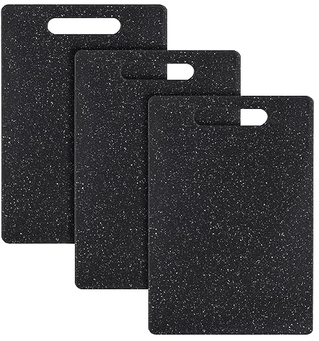 Juego de 3 tablas de cortar de 25 x 15 x 0,65 cm, tabla de cortar para cortar frutas y verduras, tabla de cortar de plástico antibacteriano con mango (negro)