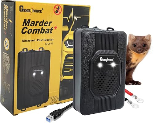 Genieforce® Marder Combat+ Marderschutz, Marderschreck Ultraschall, Marderabwehr, Mäuseabwehr für Autos, Haus, Dachboden, und Garten, Anschluss an 12V Autobatterie, USB oder Batteriebetrieb - GF-JC-77