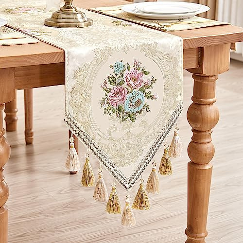 TOPLUXE Tischläufer mit Quasten, Florale Tischdecke für Esstisch Urlaub Party Wohnzimmer Dekoration (33x180cm, Beige)