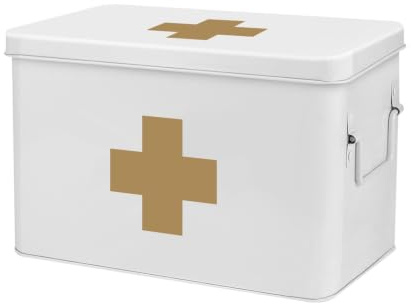 Flexzion, leere Erste-Hilfe-Organizer-Box, 33 cm, Weiß, Vintage-Stil, Erste-Hilfe-Set, Metalldose, medizinische Box, Aufbewahrungsbehälter mit Trennwänden, herausnehmbarem Tablett, goldenes Kreuz-Logo