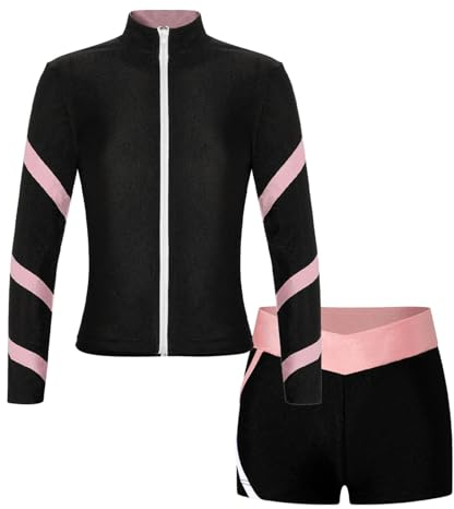 Agoky Mädchen Sport Set Streifen Jacke und Kurze Hose Stretch Shorts Eiskunstlauf Anzug Zweiteiler Gymnastik Turn Bekleidung Dancewear Rosa 146-152