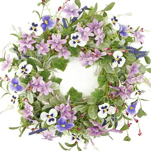 KORSMV Spring Wreaths for Front Door with Pansy Flower,Lamb Ear Leaves,Ivy Leaf for Indoor Outdoor Farmhouse Porch Wall Holiday Window Decoration