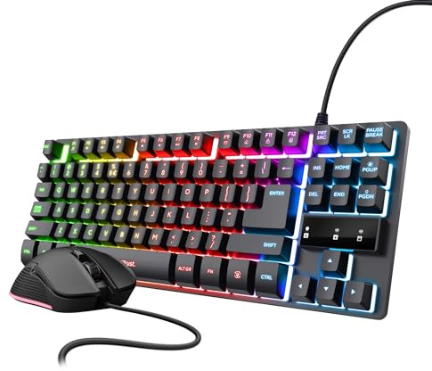 Trust Gaming GXT 833 Pack Clavier et Souris Gamer Filaires, AZERTY Français, Clavier Gamer TKL Compact avec 69% Plastique Recyclé, 200-7200 DPI, Kit Gaming RGB pour PC, Ordinateur Portable - Noir