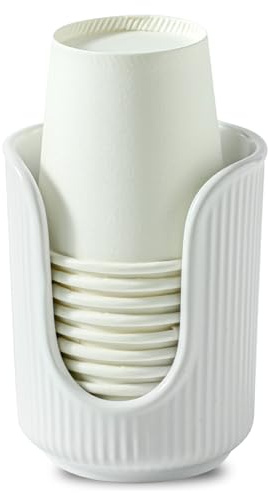 Dobbyby Ceramic Bathroom Cup Dispenser with Stylish Vertical Stripes - Disposable Mouthwash Cup Holder Holds 3-4oz Paper Cups for Rinsing Cups on Bathroom Vanity Countertops (White)