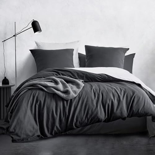 SOULFUL Housse de Couette 140x200 Coton, Anthracite Noir Ensembles de Housse de Couette avec Fermeture Éclair, 100% Coton Lavé, Texture Lin, Parure de Lit 140x200 Coton avec 1 Taie d'oreiller 65x65 cm
