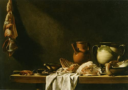 ENYLUFUT De Célèbres Tableaux Affiche Vintage Art Mur De Toile Table De Cuisine Pichets En Faïence Et Viande Sur Une Table De Cuisine En Partie Drapée De Nicolas Henry Jeurat De Bertry 60x90cm