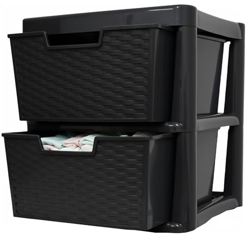 SIDSONS - Large Plastic Rattan Style Storage Drawer - Durable & Stylish Cabinet with Smooth Pull Drawers - Multipurpose Organizer for Clothes Toys, Kitchen, Home & Office Use (Rattan/Black, 2 Tier)