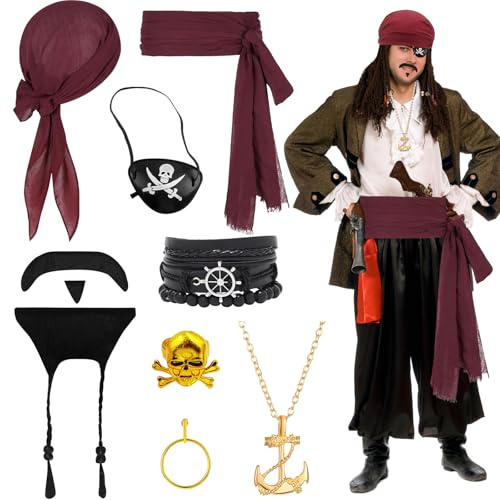 8PCS Piratenkostüm Zubehör Damen Herren, Mittelalter Piratenkapitän Verkleidungsset mit Kopftuch Gürtel Bart Halskette Armband Augenklappe Creolen Ringe für Halloween Frauen Männer Erwachsene Cosplay