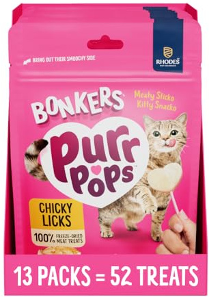 BONKERS Purrpops Cat Treats 13 Pack with 4 Lollipops Each, Freeze Dried Chicken Flavoured Pet Snacks, 52 Lollipops Total