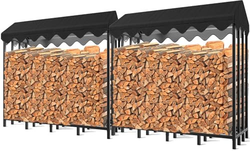 Himimi® 2 Stück Brennholzregal für den Außenbereich mit Dach und Abdeckung, 185 x 70 x 185cm, Stapelhilfe für 2,4m³/ 3,5 SRM, XXXXL Holzunterstand, Übergröße Kaminholzregal, Schwarz
