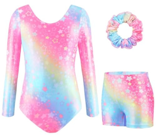 AODOKAT Gymnastics Leotards for Girls with Shorts Set, Long Sleeve/Sleeveless Dance Leotard Sparkle Ballet Dancewear for Kids 5-14 Years (Colourful star-long sleeved, 5-6 Years)
