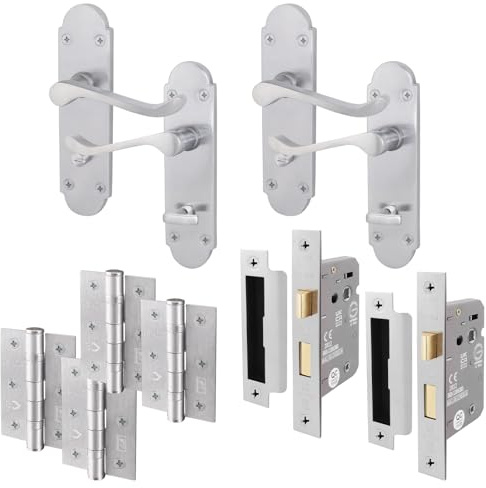 EAI Satin Chrome Door Handles with Bathroom Lock 64mm and Hinges, 2 Pack | Complete Bathroom Kit with 2 Pairs of Victorian Scroll Lever Door Handles, 64mm Bathroom Locks, 76mm Hinges, Fixings Included